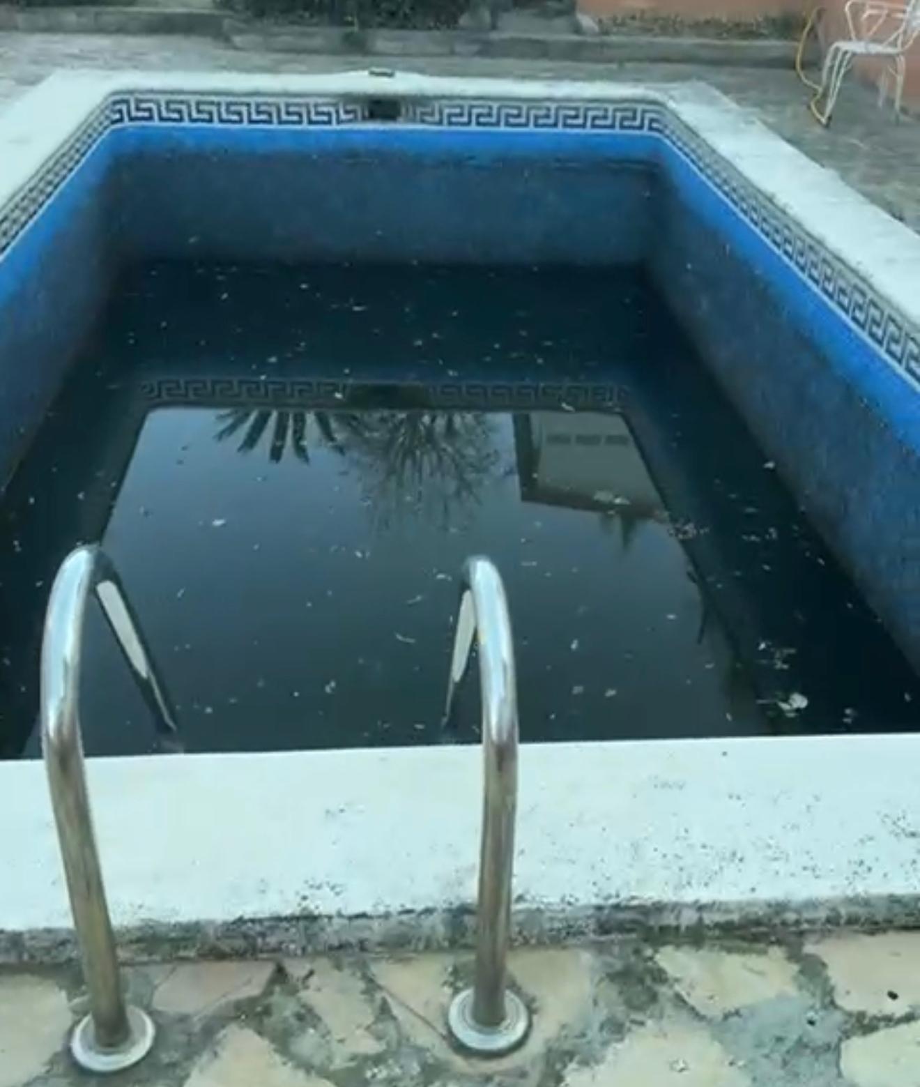 Piscina con agua sucia antes del trabajo de rehabilitación